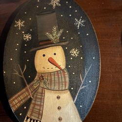 Oval Wooden Platter With A Painted Snowman Design
