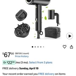 MESHEEN Ionic Blow Dryer - Fast Drying, Low Noise, Foldable, Portable with Diffuser & Nozzle, Black