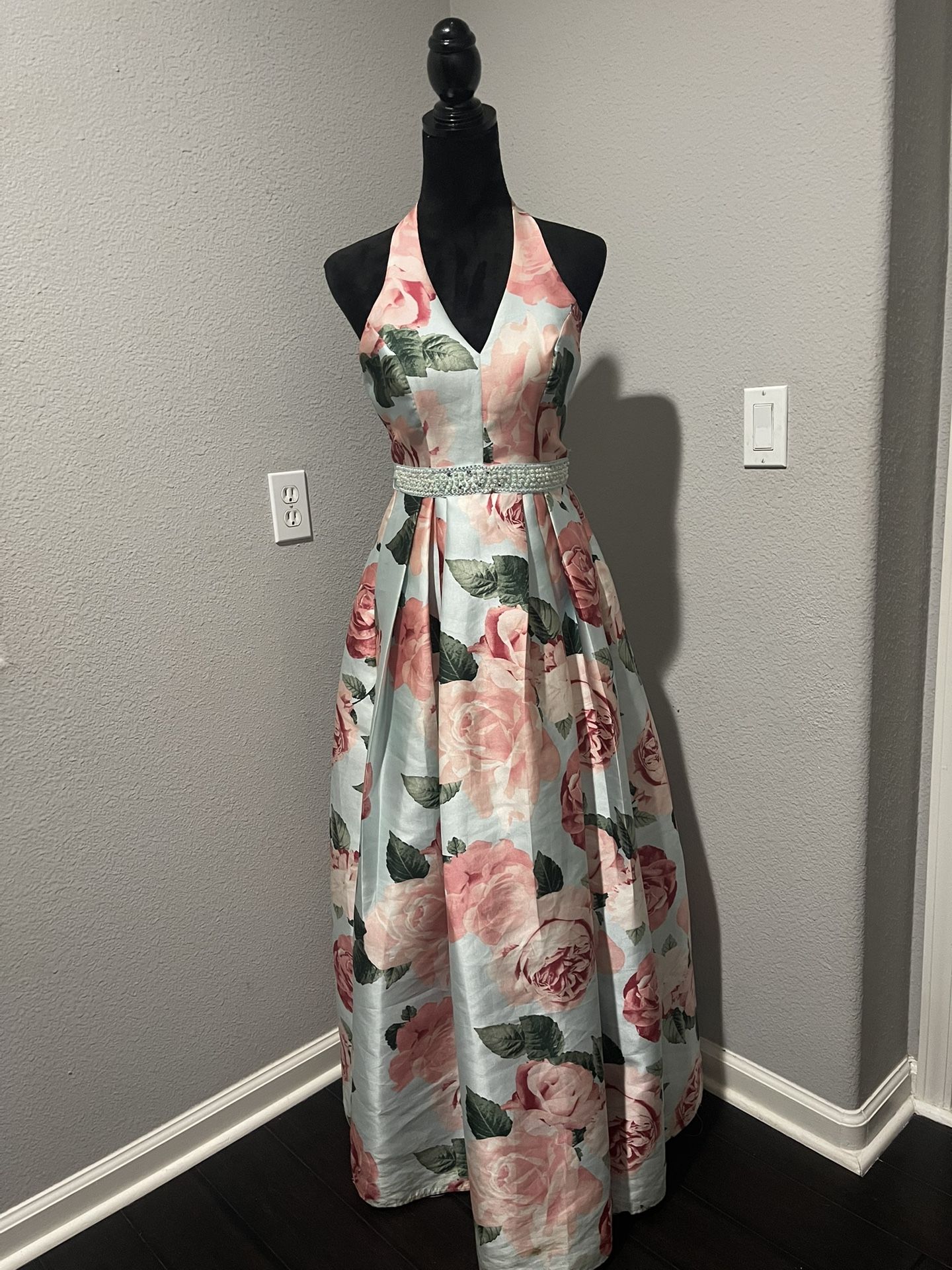 Light Blue Satin Dress With Pink Floral Design With Pearl Ribbon Belt