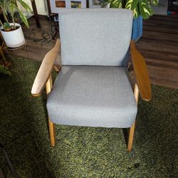 Mid-century Modern Armchair Solid Wood Legs Gray Fabric