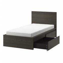 MALM Twin Brown High bed frame/2 storage boxes Plus New Mattress