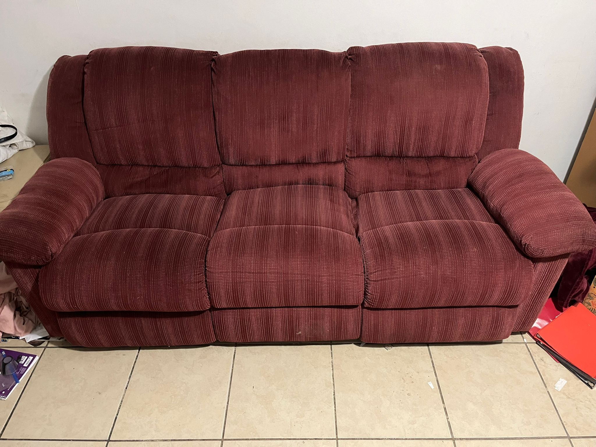 Red 3 Seat Sofa, Double Recliner