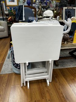 White five piece folding tray table set