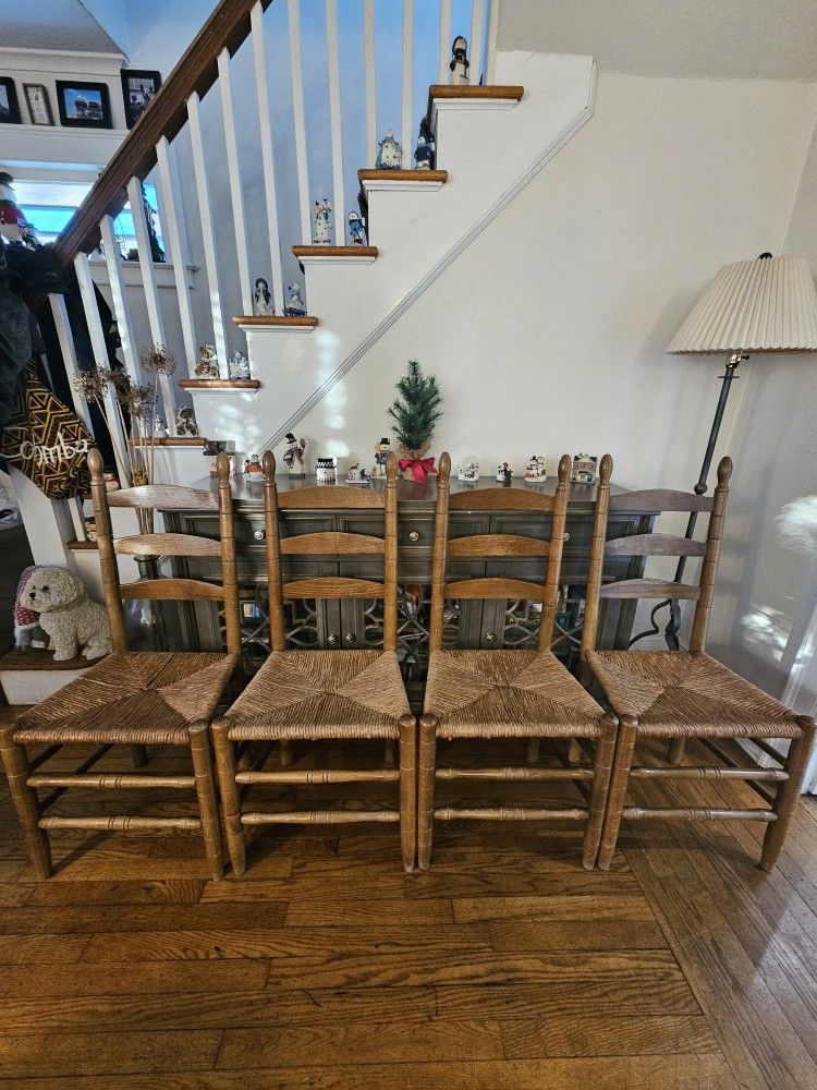 Set Of Four Ladder Back Dining Chairs With Woven Rush Seats