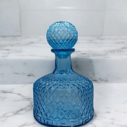 Vintage MCM Light Blue Diamond Pattern W/ Greek Design Glass Decanter