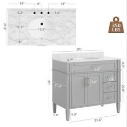 36" Bathroom Vanity With Carrara Marble Top 