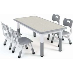 Kids Table and 4 Chairs Set, Height Adjustable Toddler Desk with Graffiti Desktop, Kids Activity Table Set for Daycare, Home  plastic with re