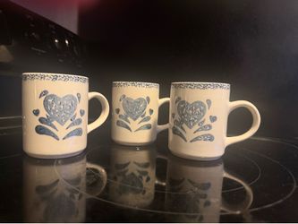 Set of 3 Vintage Blue Heart Stoneware Coffee Mugs