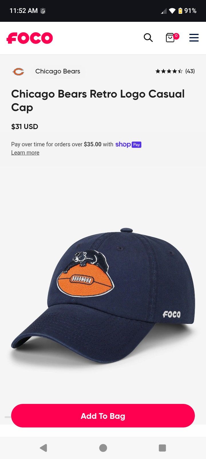 Retro NFL Bears Foco Baseball Hat