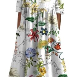 Boho Floral Dresses for Women Casual Crew Neck Short Sleeve Midi Dress Summer Loose Flowy Dress with Pockets  Size M  Brand new 