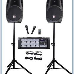 Rockville PA Mixer, Speakers w/stands, Mics