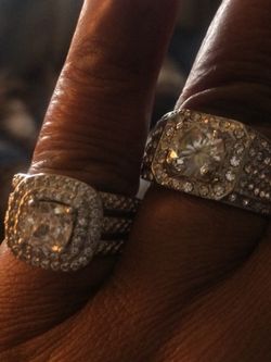 HIS AND HERS WHITE TOPAZ AND CUBIC ZIRCONIA RINGS WOMANS SIZE6 AND MENS SIZE ,11,13.