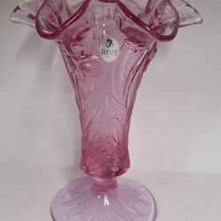 Beautiful Vintage Fenton Cranberry Vase With Raised Daffodils, Special Edition 