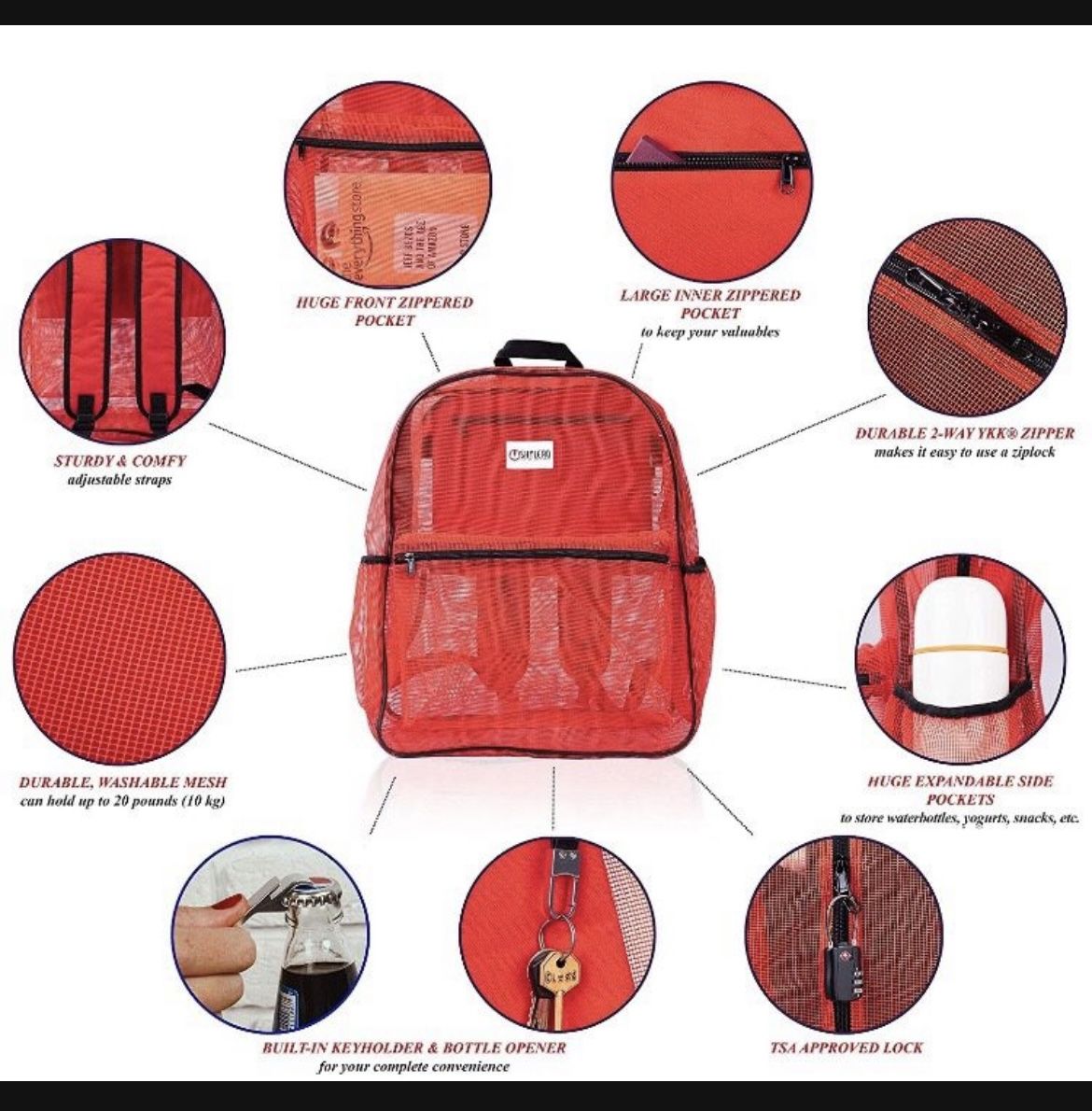SHYLERO Mesh Backpack XL (40L). 100% Clear Backpack with Key Holder, Bottle Opener, Inner Zippered Pocket. H20 xW16 xD8
