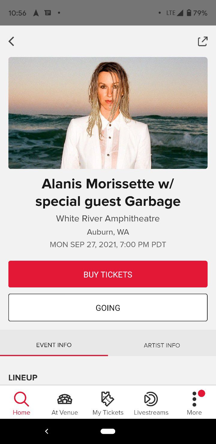 2 Tickets To Alanis Morisette At White River Amphitheater
