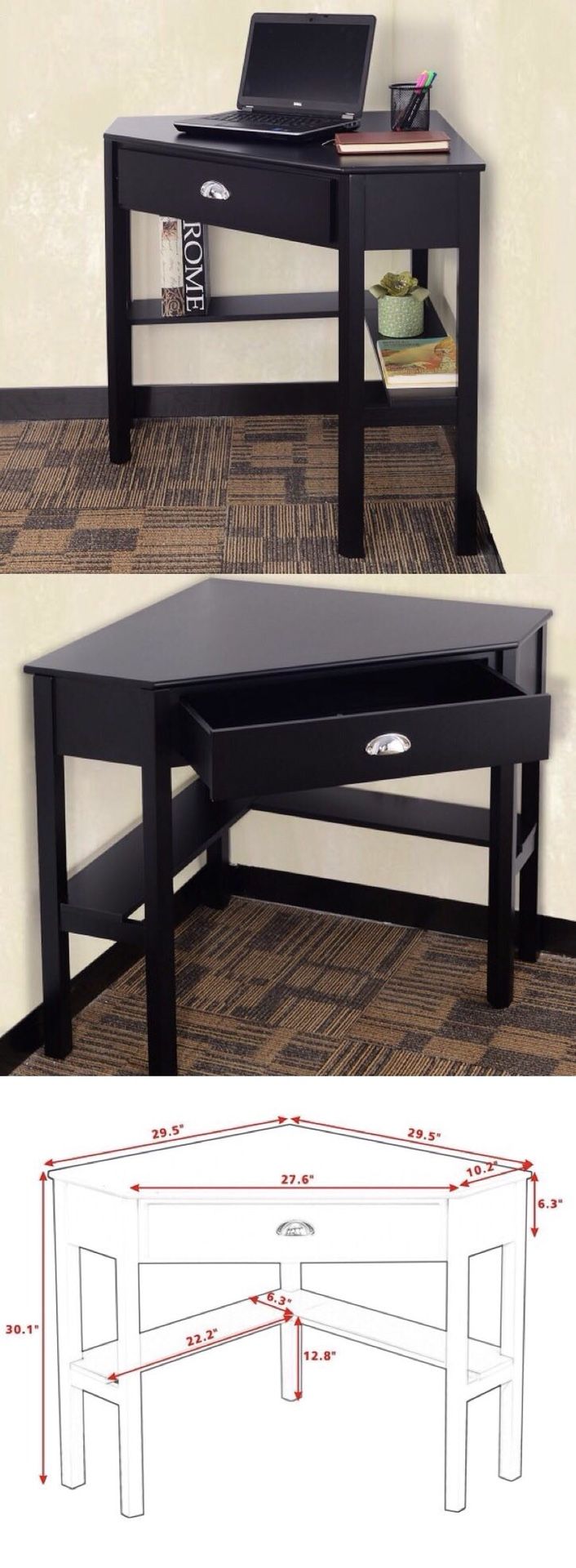 New in box black wooden space saving corner computer laptop desk table with drawer 30x30x30 inches