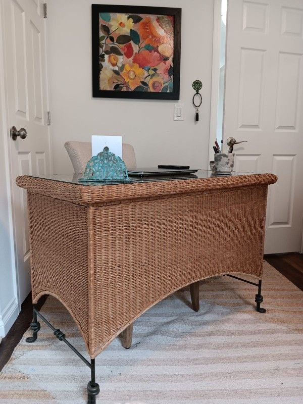 Wicker Rattan Desk with Glass Top