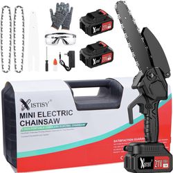Mini Chainsaw Cordless 6Inch, Handheld Small Electric Chain Saw with 2 21V Rechargeable Batteries and 2 Chains, Perfect for Wood Cutting, Tree Trimmin