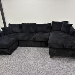 All New 120 Inch Plush Black Double Chaise Corduroy Sectional 