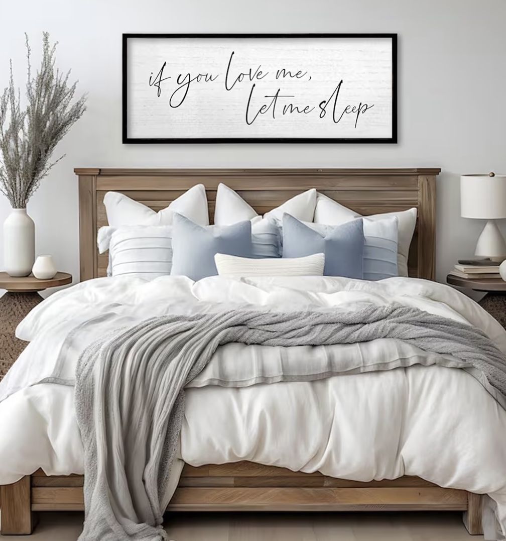 TQianJiang Master Bedroom Above Bed Wall Decor Art Funny Sleep Quote 32"×12" If You Love Me Let Me Sleep Sign Large Rustic Farmhouse Wood Framed for C