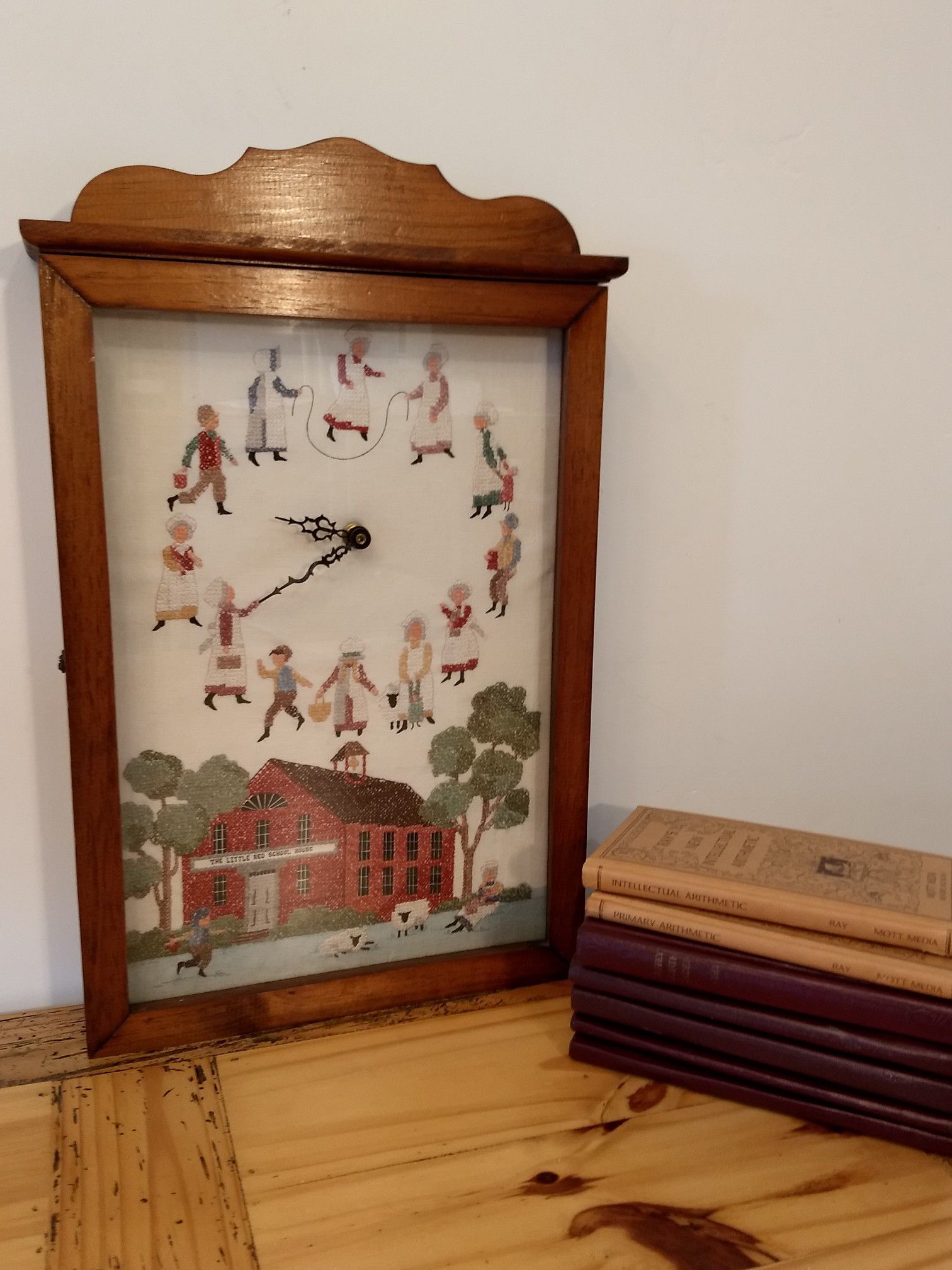 Antique Clock Box With Red School House Cross stitch