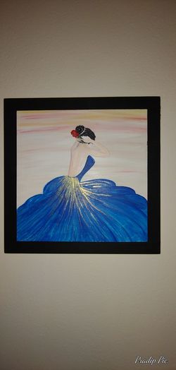 Painting; Angel in blue dress and red rose