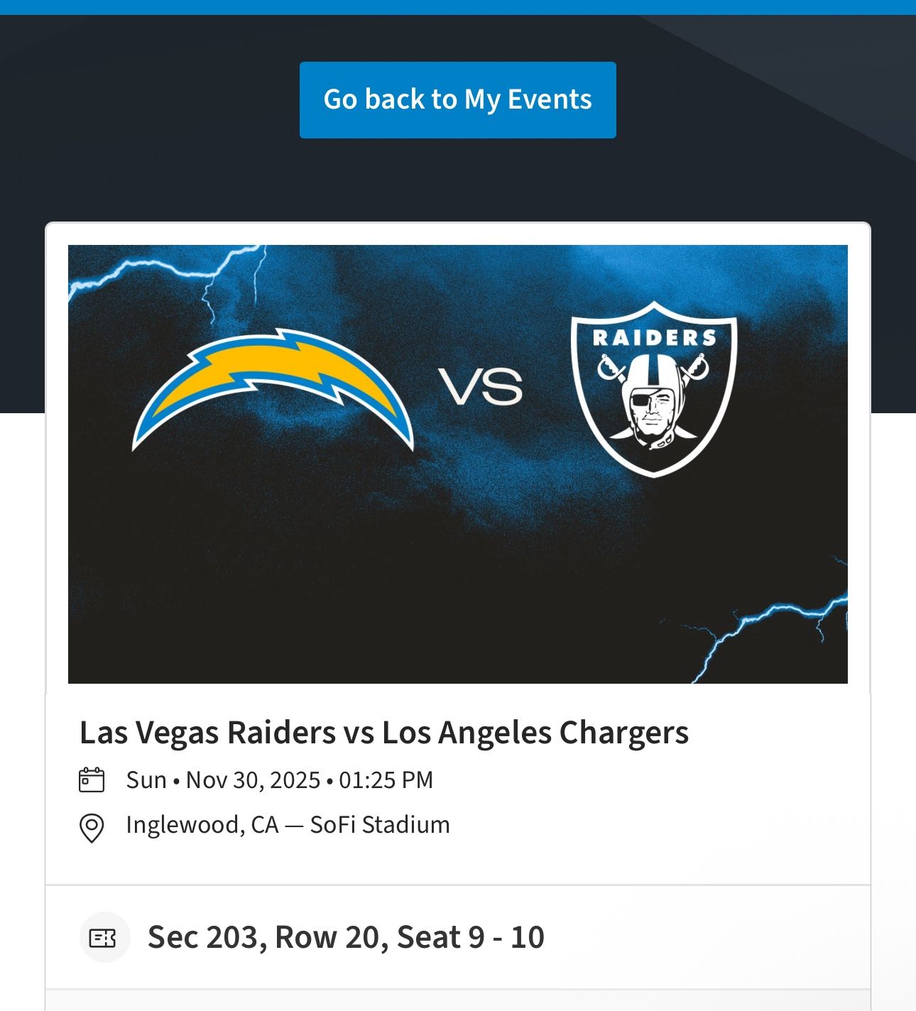 Las Vegas Raiders @ Los Angeles Chargers Sunday 11/30/25 @1:25PST