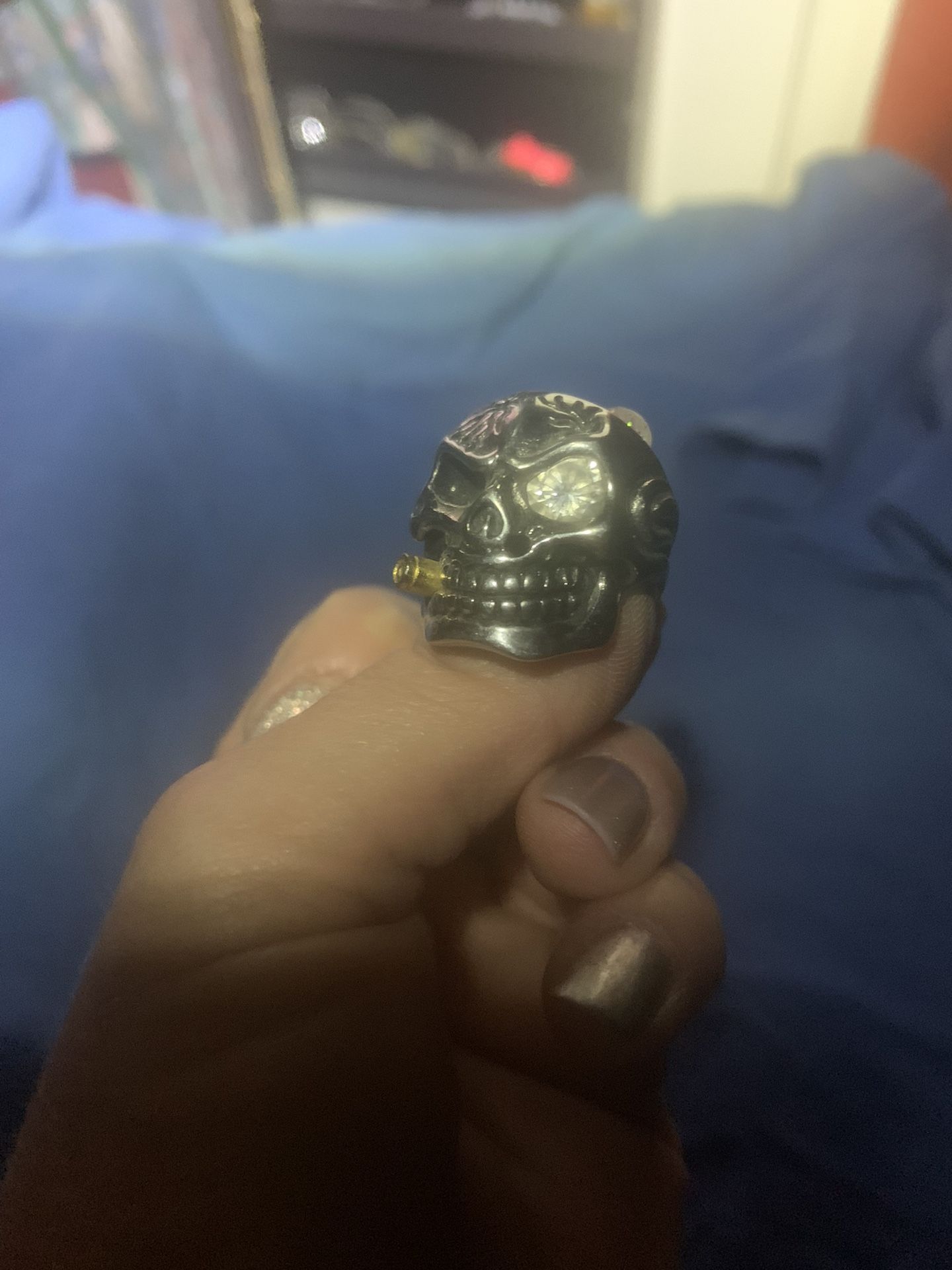 Bullet Biting Diamond Eyed Skull Head Biker Ring
