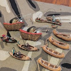 Vintage Fishing Canoe Christmas Ornaments Lot – Bears + Santa 10 pcs