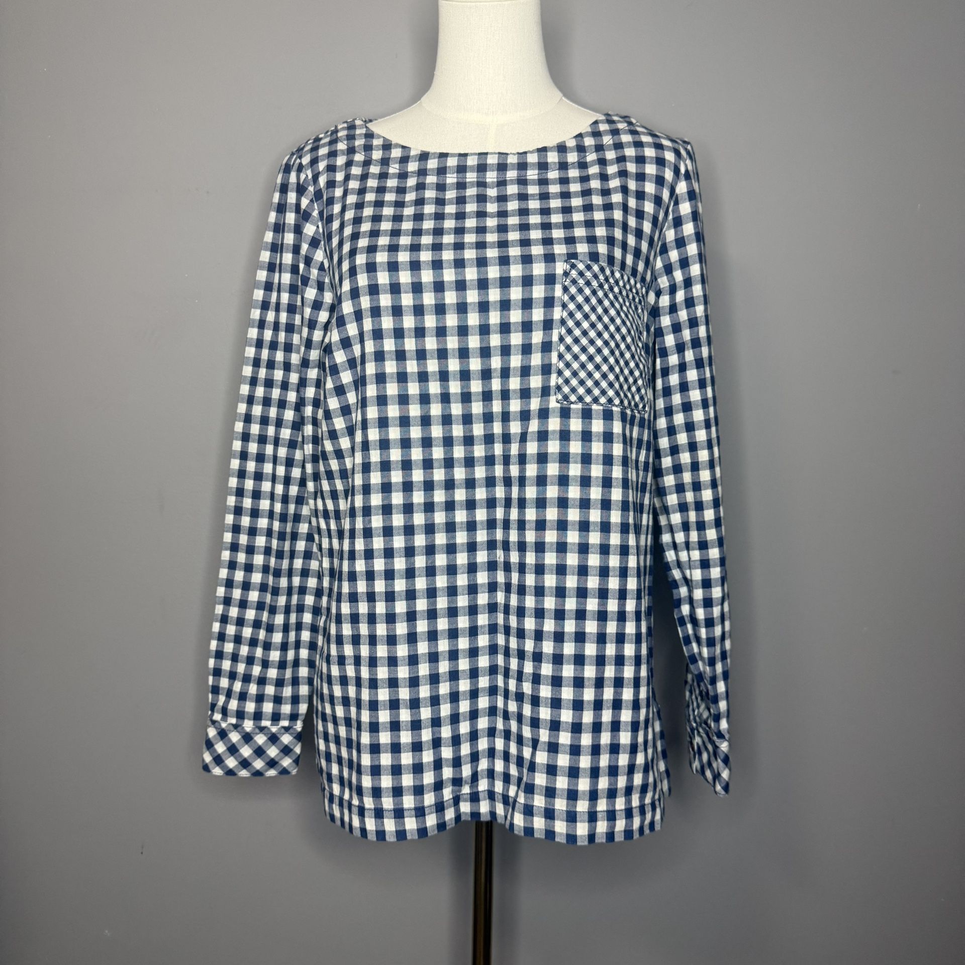 J.Jill Blue White Mixed Gingham Blouse Back Buttons Long Sleeve