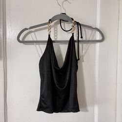 Silky Black Halter Tank With Gold Chain Detail