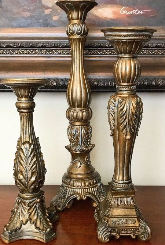 Fitz and Floyd Ornate Pillar Candle Holders country french Antique Finish Set of 3 decor Risers