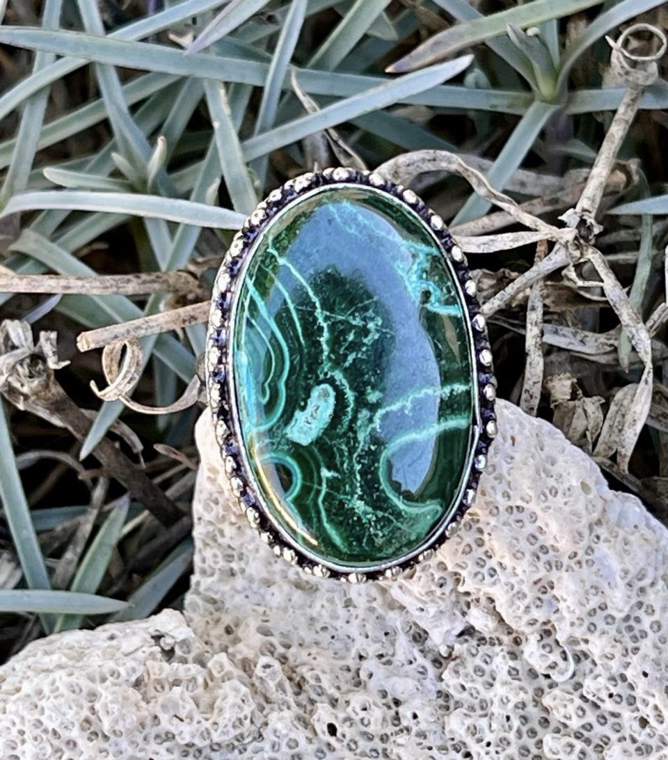 Natural Malachite Sterling Silver Gemstone Ring Size 8