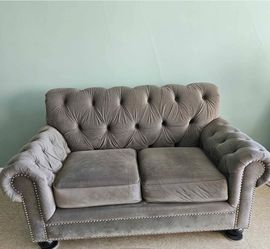Gray Tufted Velvet Loveseat with Nailhead Trim