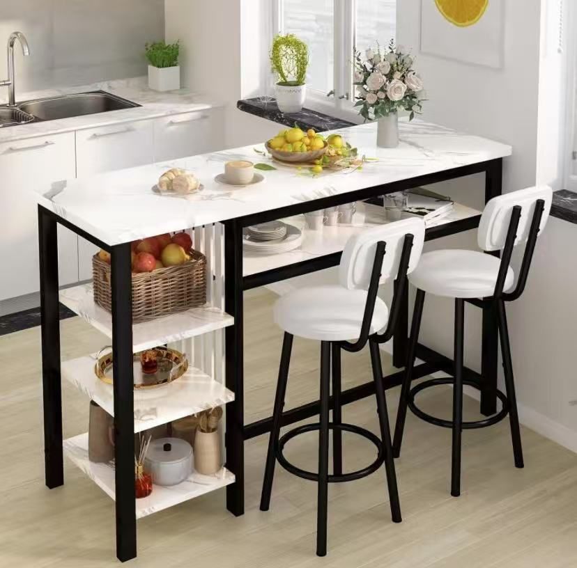 3-Piece Bar Table and Chairs Set, Modern White Faux Marble Table with 2 PU Cushion Bar Stools, Kitchen Counter with 3 Tier Storage Shelves, Space Sav