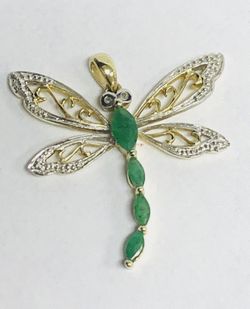 10kt Dije De Oro Sólido Libélula(Dragonfly) Con Esmeraldas