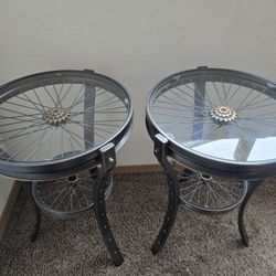 Set of 2 Unique Bicycle Wheel Side Tables - 24"H, 16.5" Diameter