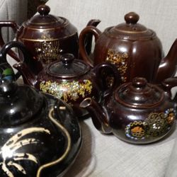 Set Of Six Hand-painted Asian Teapots