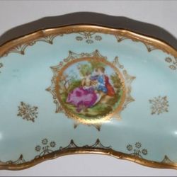 Antique Arnart Japan Bone Dish Courting Couple, Blue Gold, Excellent