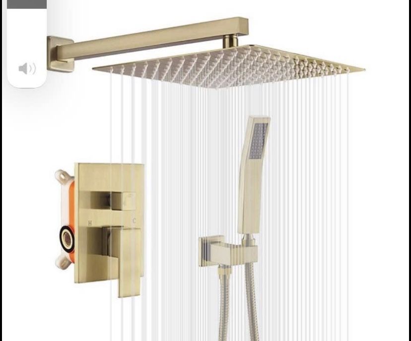 Brush gold shower set with 10” square rain shower head and