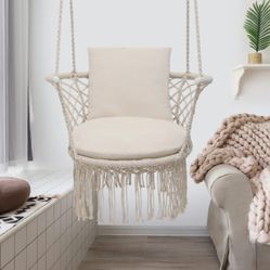 MoNiBloom Hammock Chair, Hanging Swing with Macrame and Cushion, Hanging Cotton Rope Chair for Indoor Outdoor Bedroom Patio Yard Deck Garden and Porch