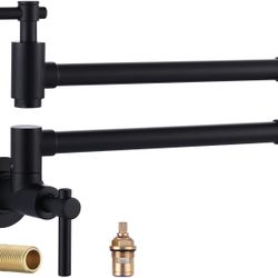 Pot Filler Faucet Wall Mount, Folding Kitchen Faucet with Double Joint Swing Arm, Single Hole Stretchable Brass Faucet with 2 Handles, Black Pot Fille
