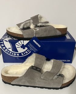 Birkenstock Arizona Shearling Size 40 US 9 Women’s Stone Coin Gray Suede Sandals