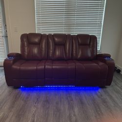 Red Reclining Sofa – Like New w/ Wireless Charging, USB & LED Lights – $800