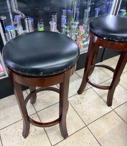 Pair of Black Leather Bar Stools with Wooden Legs