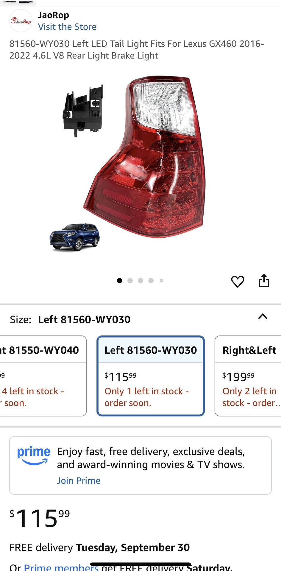 81560-WY030 Left LED Tail Light Fits For Lexus