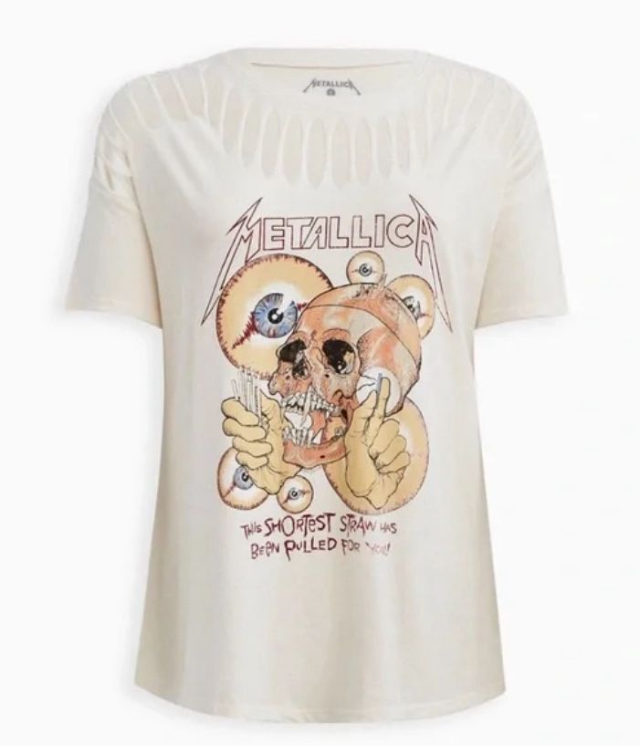Torrid Metallica Slashed Neckline Ivory T-shirt NWT Plus Size 00 or Reg Size 10-12