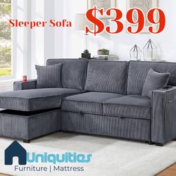 Grey Corduroy Sleeper Sofa With Pull Out Bed And Reversible Storage Chaise 89x56