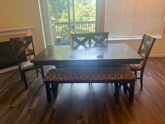 Dark Wood Dining Table Set with Bench and Chairs