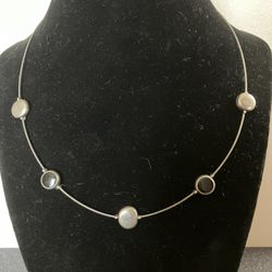 Silver Tone Wire Necklace with Black & Silver Flat Round Beads